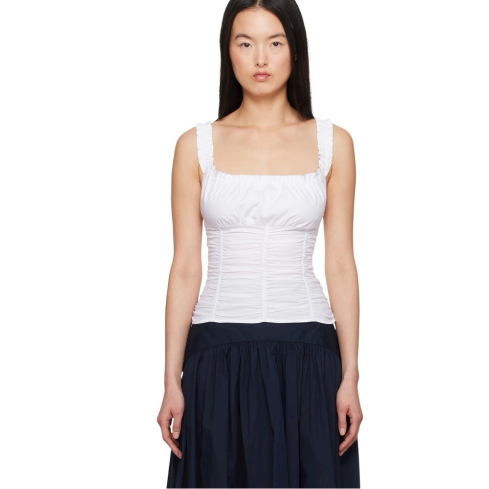 STAUD Nic Shirred Tank Top White Pleated Cotton Blouse, size S NWT